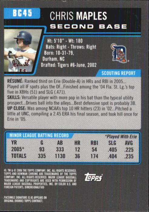 2006 Bowman Chrome Prospects #BC45 Chris Maples back image
