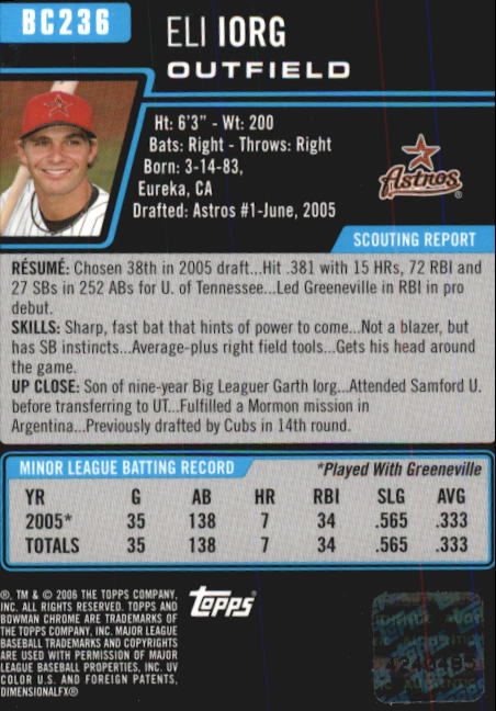 2006 Bowman Chrome Prospects #BC236 Eli Iorg AU back image