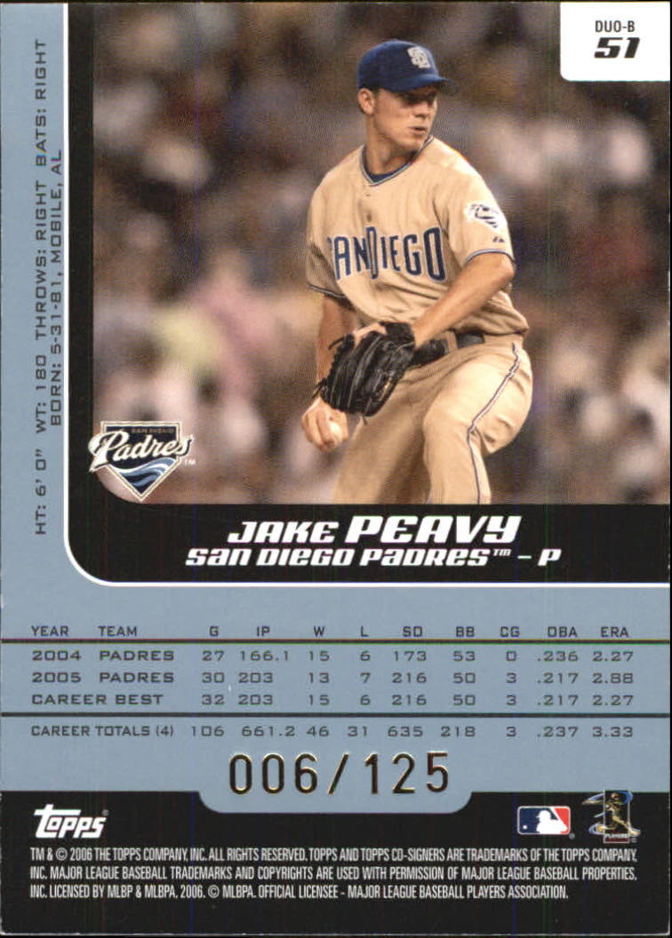 2006 Topps Co-Signers Changing Faces Blue #51A Jake Peavy/Brian Giles back image