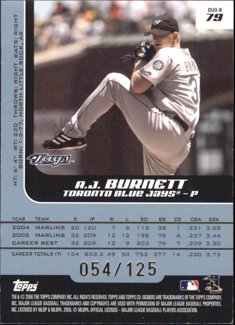 2006 Topps Co-Signers Changing Faces Blue #79A A.J. Burnett/Troy Glaus back image
