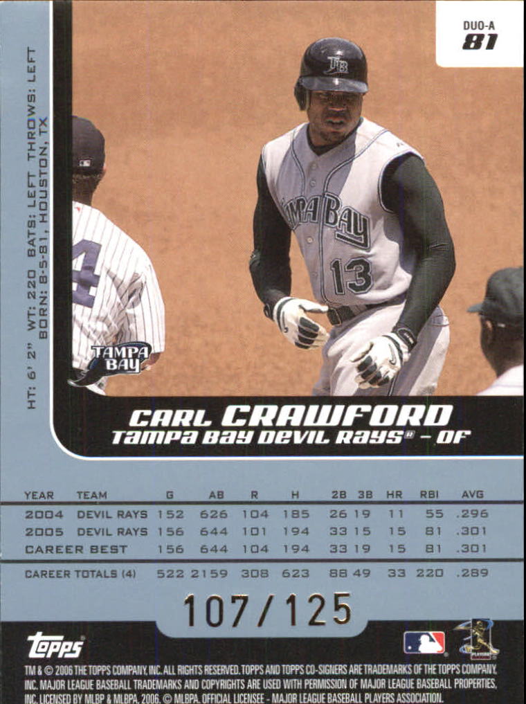 2006 Topps Co-Signers Changing Faces Blue #81A Carl Crawford/Aubrey Huff back image