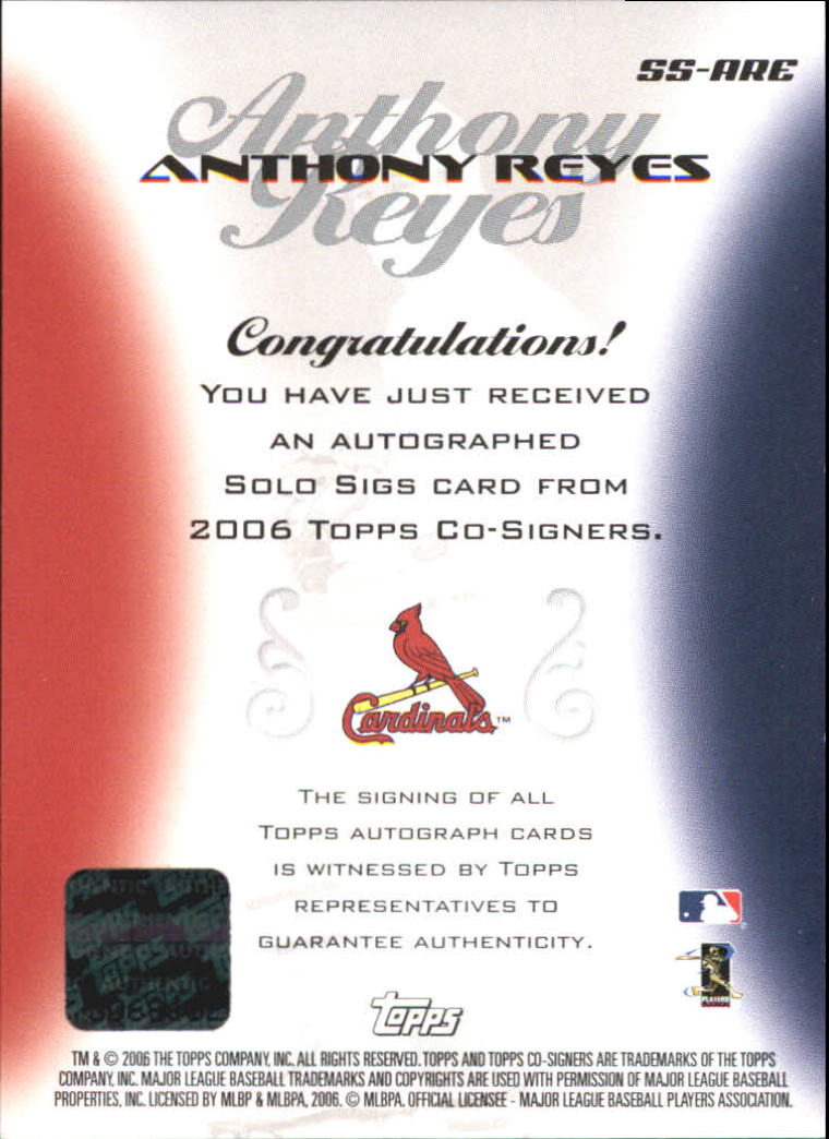 2006 Topps Co-Signers Solo Sigs #ARE Anthony Reyes K back image