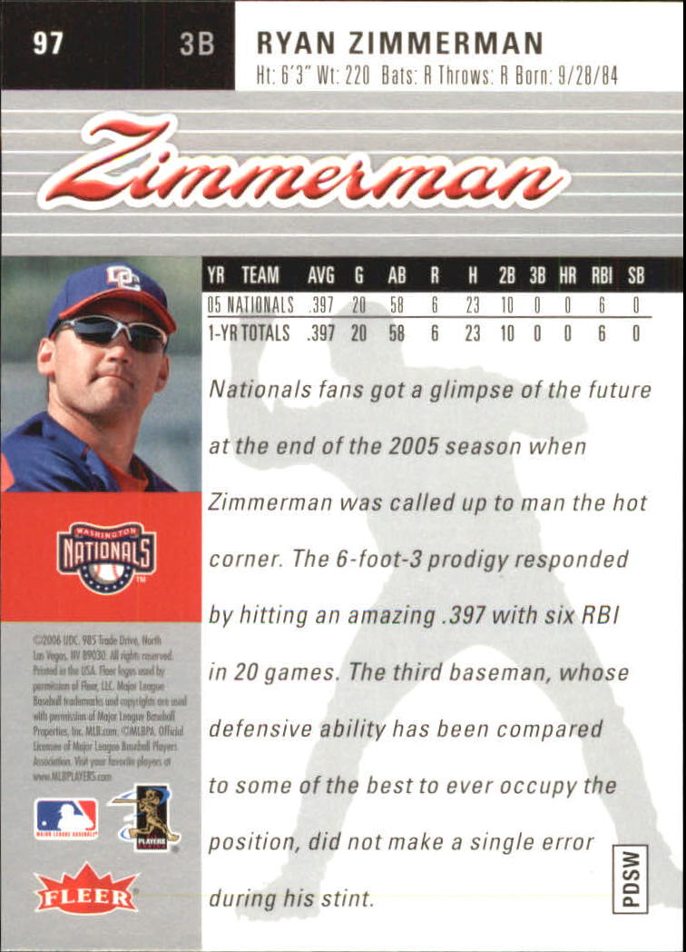 2006 Ultra #97 Ryan Zimmerman (RC) back image