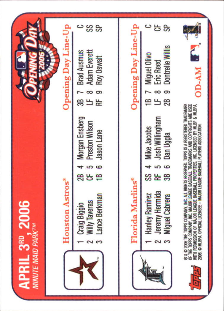 2006 Topps Opening Day Team vs. Team #AM Houston Astros vs. Marlins back image