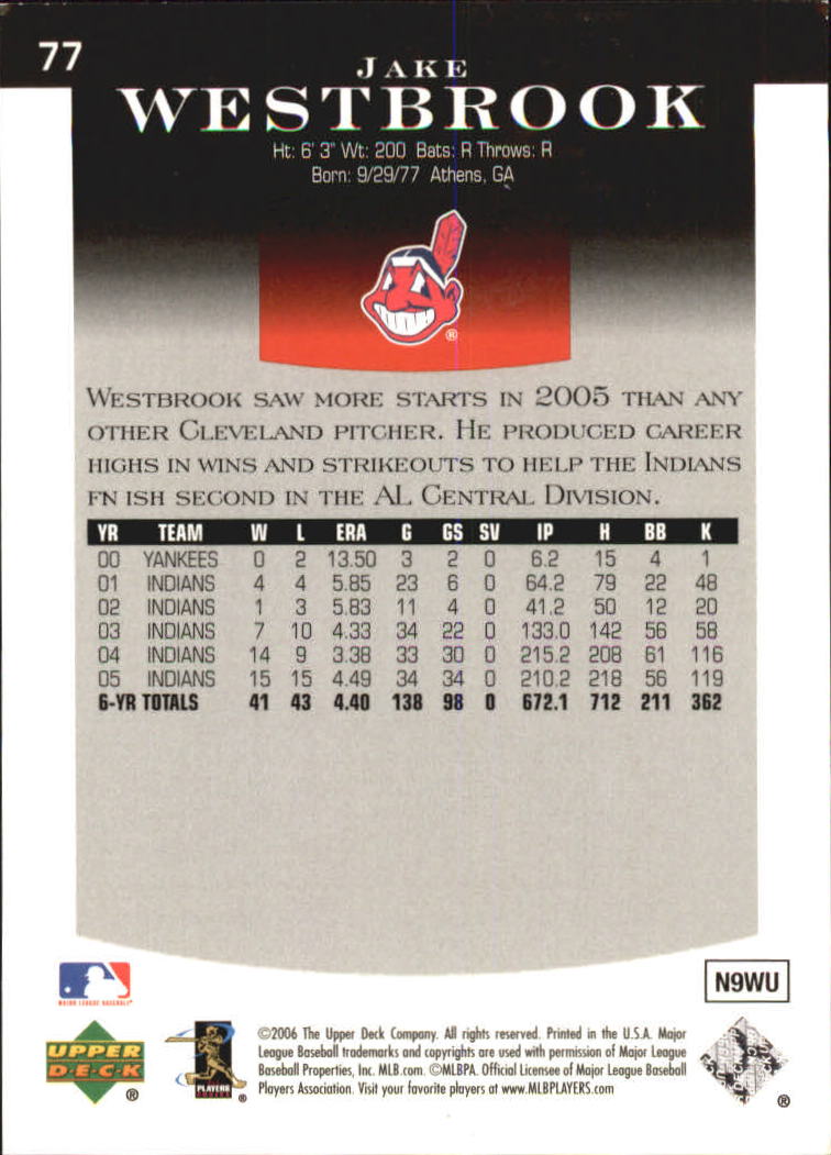 2006 Upper Deck Epic #77 Jake Westbrook back image