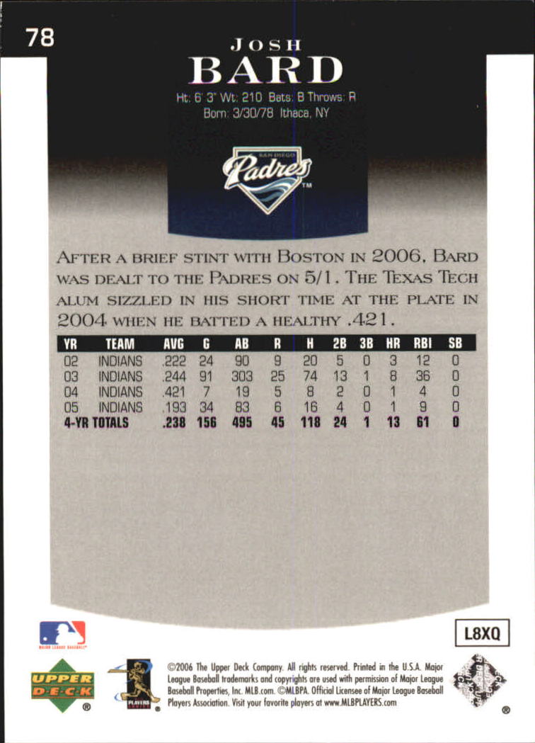 2006 Upper Deck Epic #78 Josh Bard back image