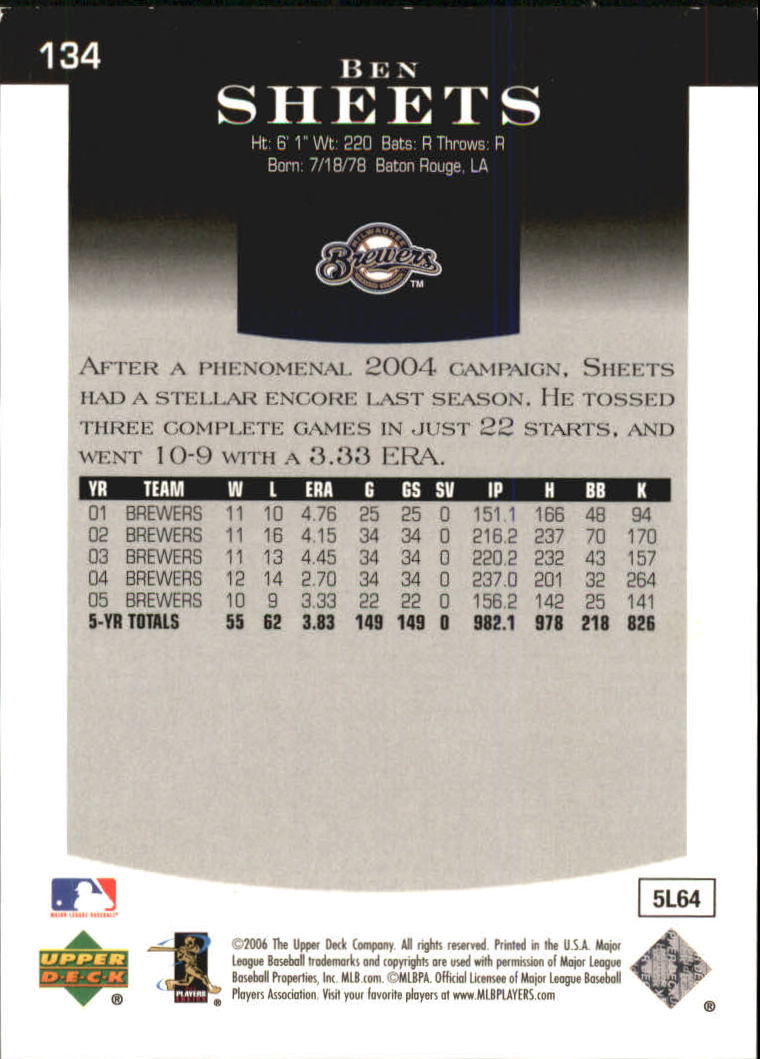 2006 Upper Deck Epic #134 Ben Sheets back image
