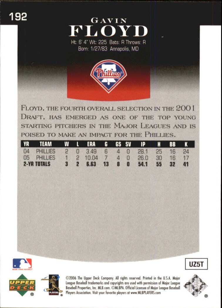 2006 Upper Deck Epic #192 Gavin Floyd back image