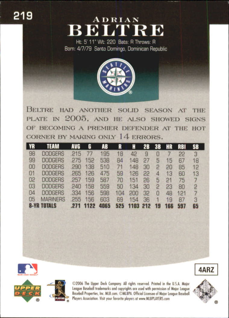 2006 Upper Deck Epic #219 Adrian Beltre back image
