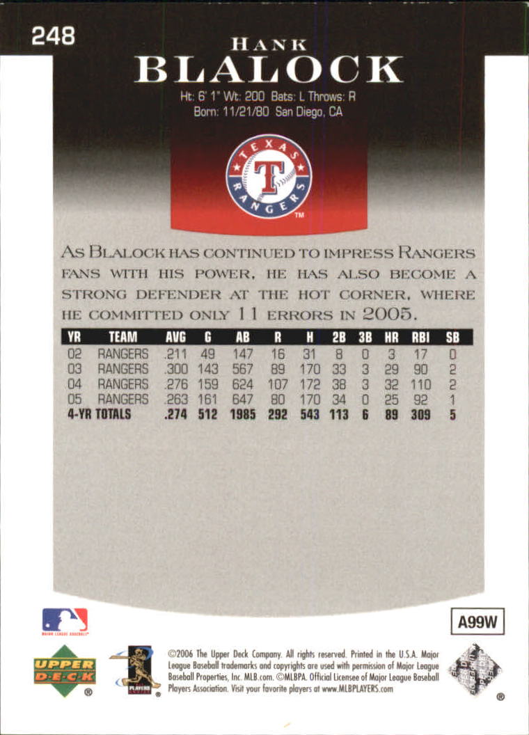2006 Upper Deck Epic #248 Hank Blalock back image