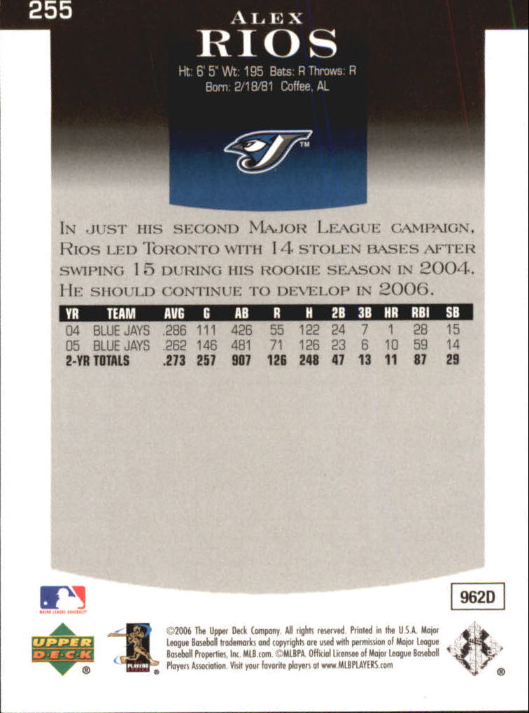 2006 Upper Deck Epic #255 Alex Rios back image