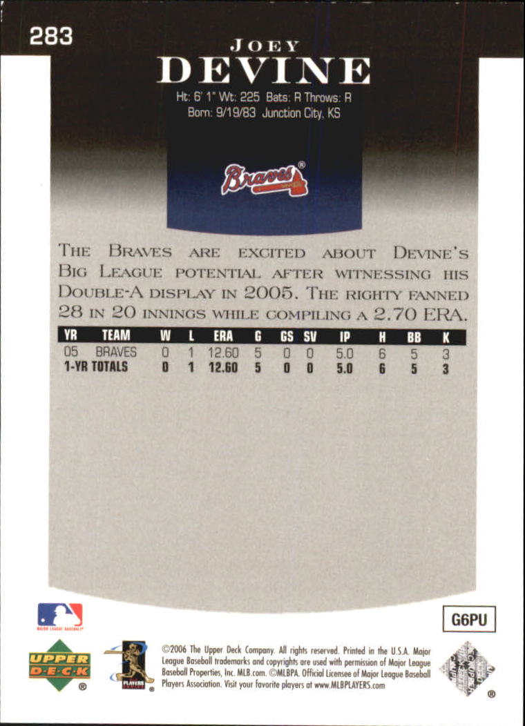 2006 Upper Deck Epic #283 Joey Devine RC back image