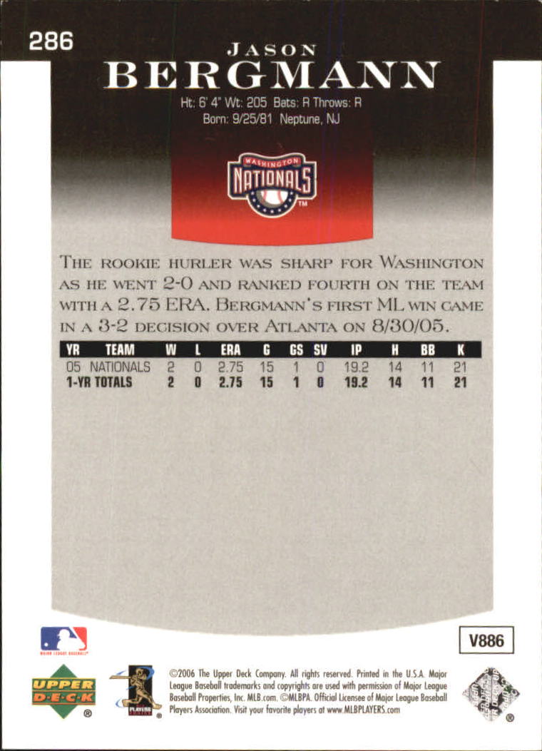 2006 Upper Deck Epic #286 Jason Bergmann RC back image