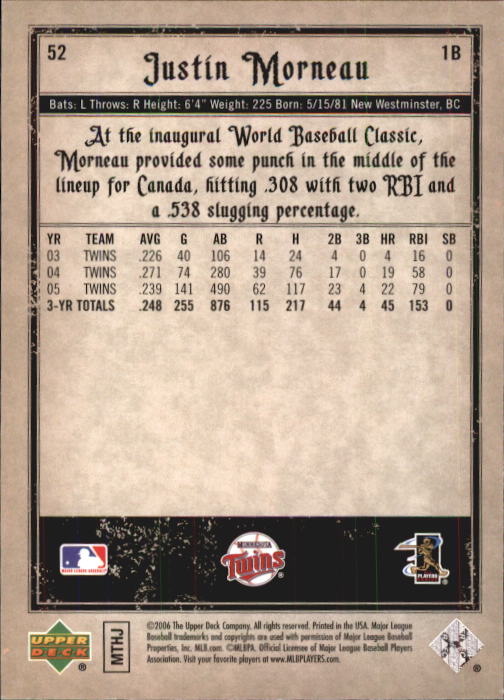 2006 Artifacts #52 Justin Morneau back image