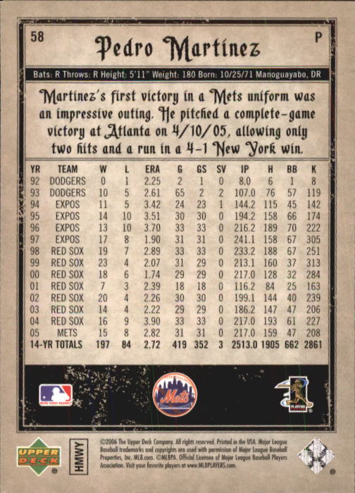 2006 Artifacts #58 Pedro Martinez back image
