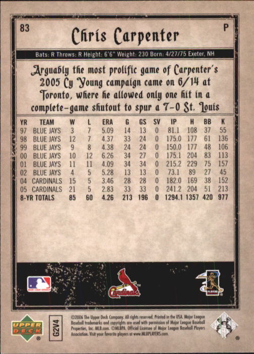 2006 Artifacts #83 Chris Carpenter back image
