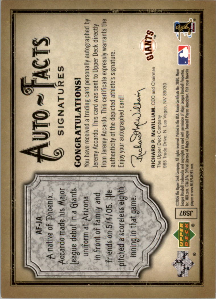 2006 Artifacts Auto-Facts Signatures #JA Jeremy Accardo/800 back image