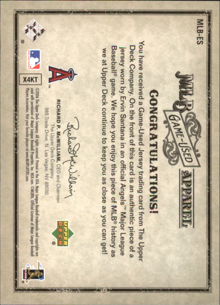 2006 Artifacts MLB Game-Used Apparel #ES Ervin Santana Jsy/325 back image