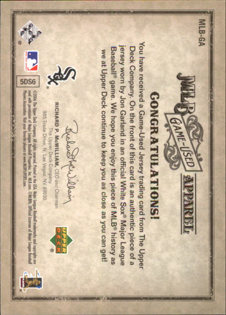 2006 Artifacts MLB Game-Used Apparel #GA Jon Garland Jsy/325 back image