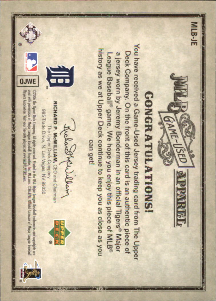 2006 Artifacts MLB Game-Used Apparel #JE Jeremy Bonderman Jsy/325 back image
