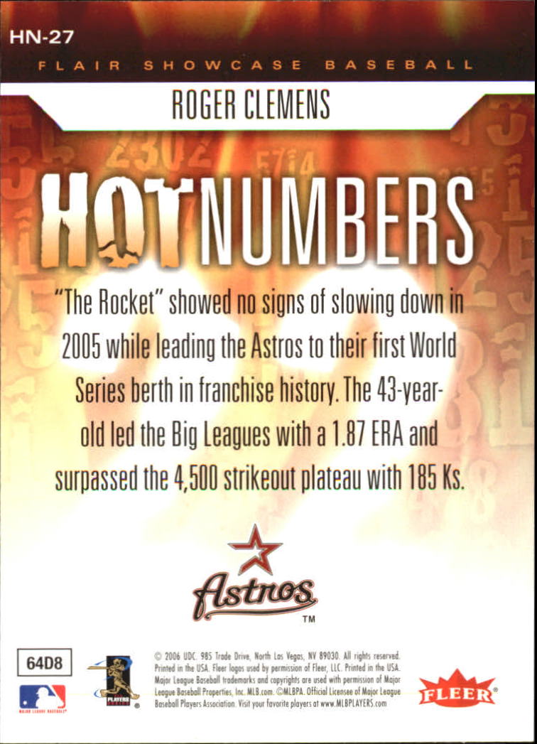 2006 Flair Showcase Hot Numbers #27 Roger Clemens back image