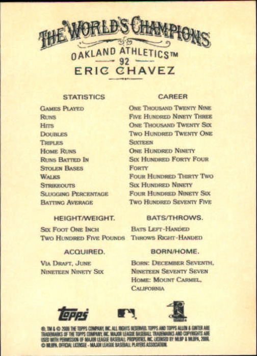 2006 Topps Allen and Ginter #92 Eric Chavez back image