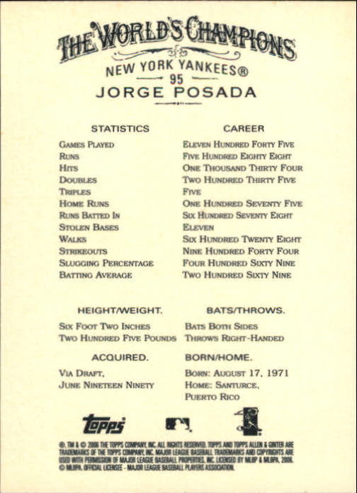 2006 Topps Allen and Ginter #95 Jorge Posada back image