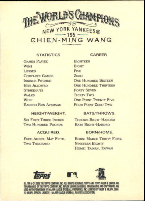 2006 Topps Allen and Ginter #195 Chien-Ming Wang back image