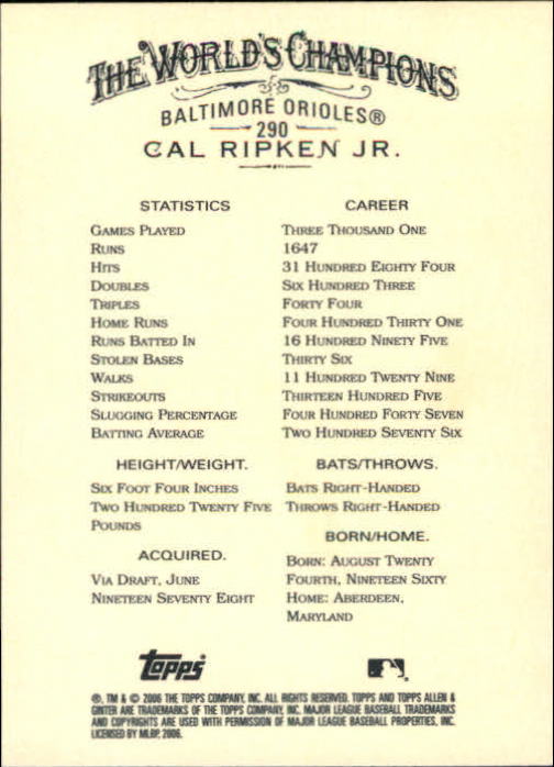 2006 Topps Allen and Ginter #290 Cal Ripken back image