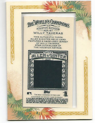 2006 Topps Allen and Ginter Relics #AGRWT Willy Taveras Jsy H back image