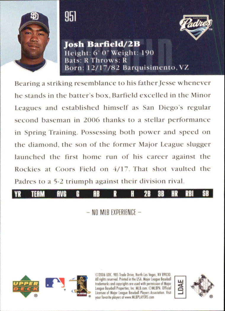 2006 Upper Deck Rookie Foil Platinum #951 Josh Barfield back image