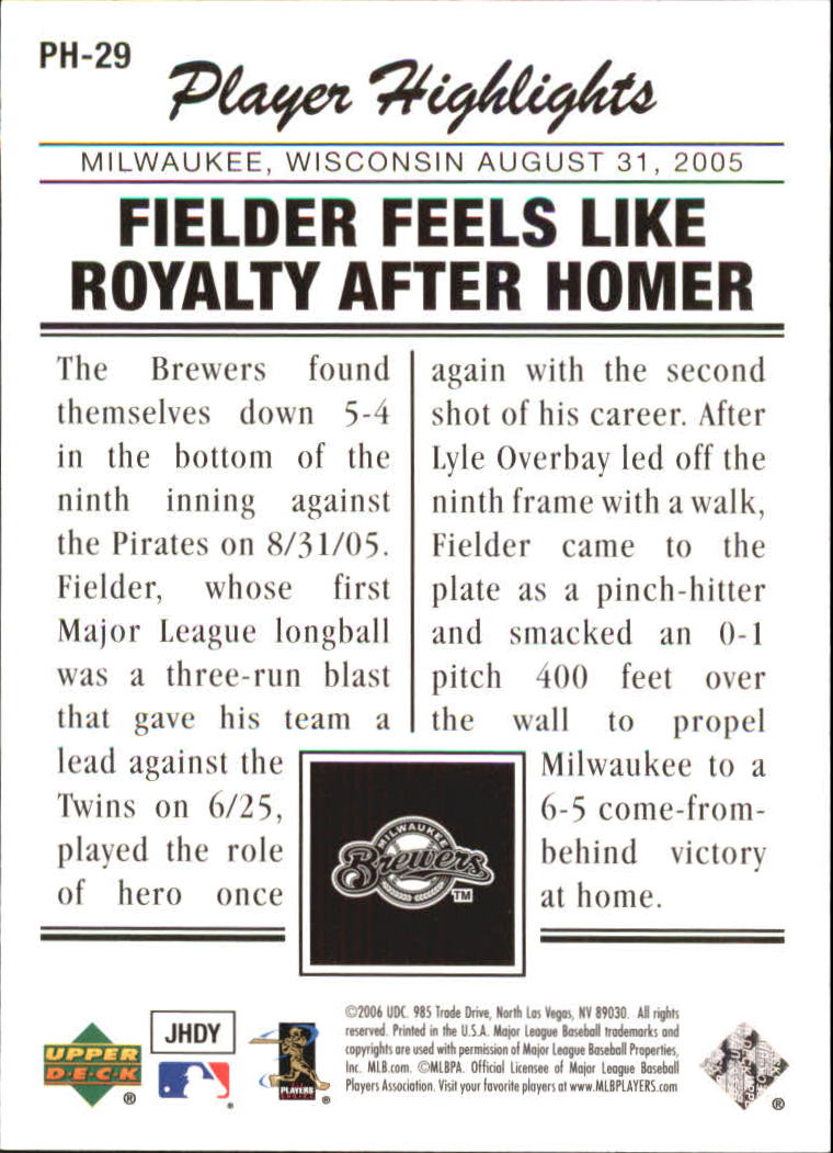 2006 Upper Deck Player Highlights #PH29 Prince Fielder back image