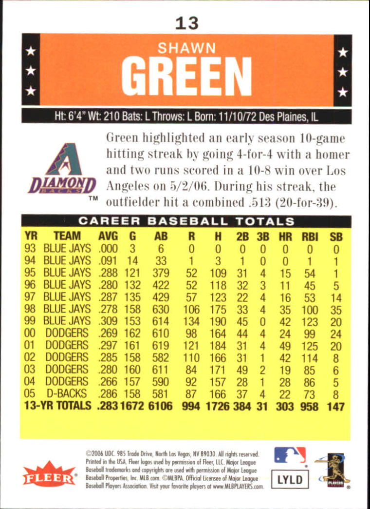 2006 Fleer Tradition #13 Shawn Green back image