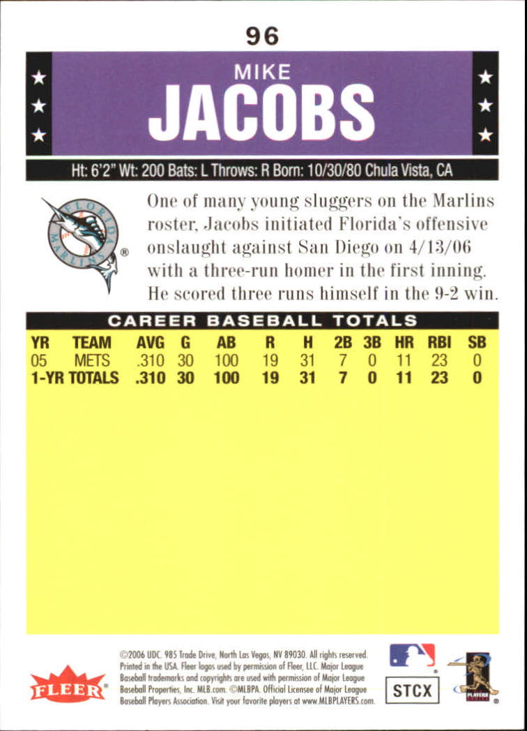 2006 Fleer Tradition #96 Mike Jacobs (RC) back image