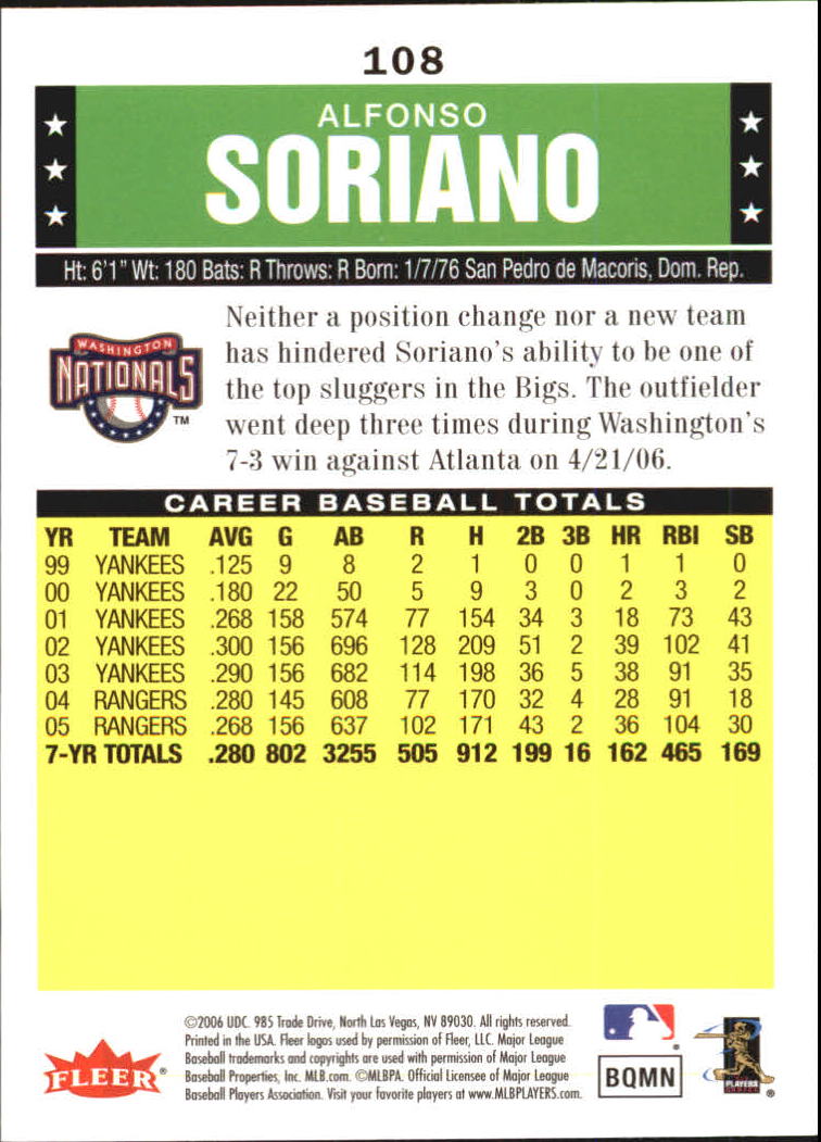 2006 Fleer Tradition #108 Alfonso Soriano back image