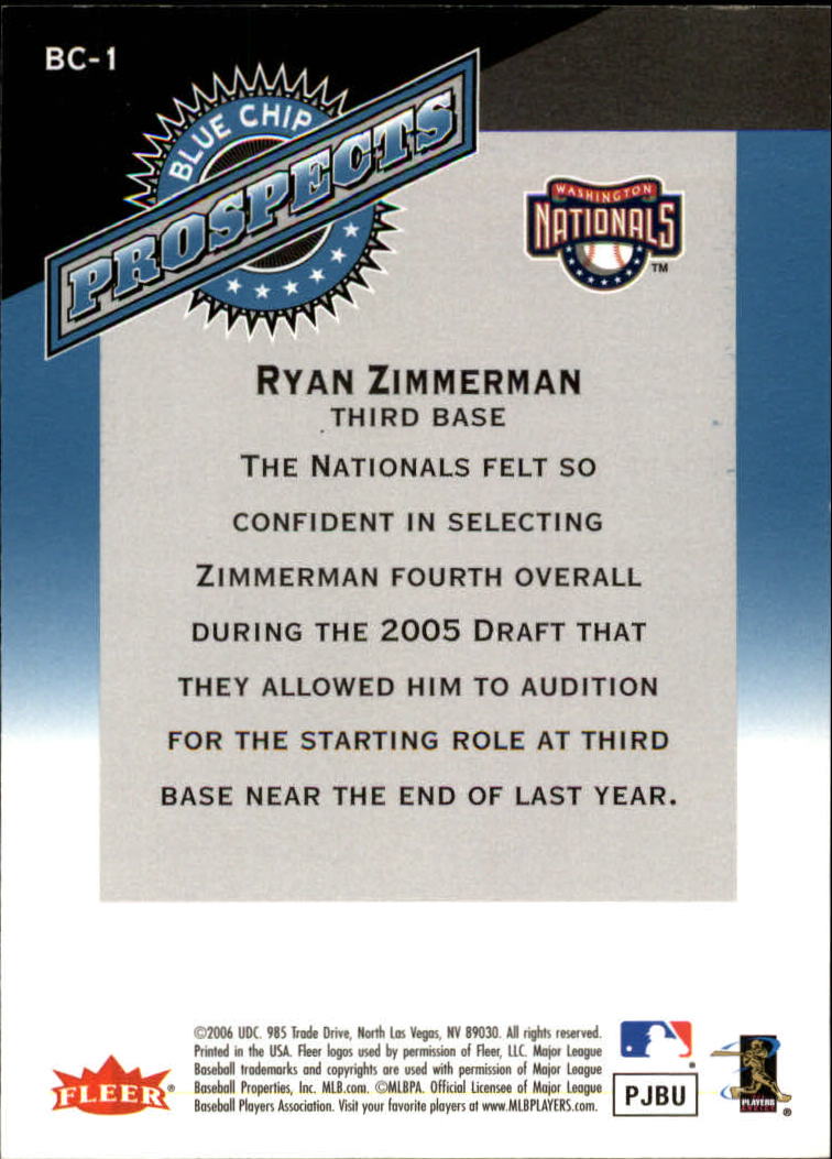 2006 Fleer Tradition Blue Chip Prospects #BC1 Ryan Zimmerman back image