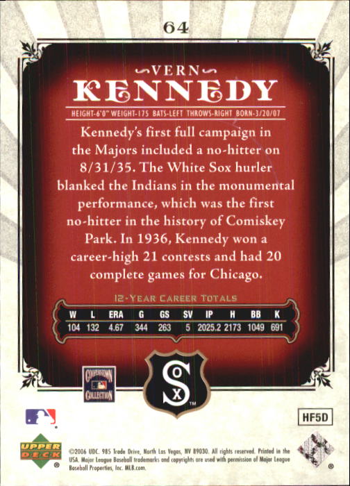 2006 SP Legendary Cuts #64 Vern Kennedy back image