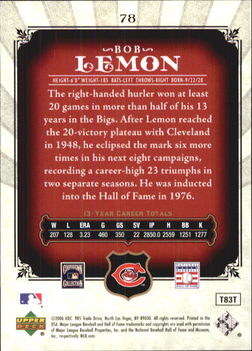 2006 SP Legendary Cuts #78 Bob Lemon back image