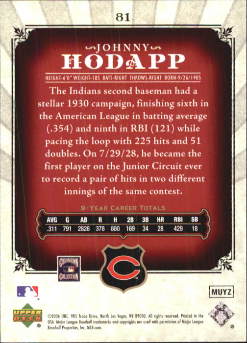 2006 SP Legendary Cuts #81 Johnny Hodapp back image