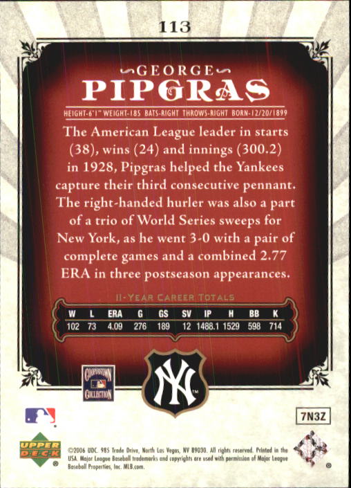 2006 SP Legendary Cuts #113 George Pipgras back image