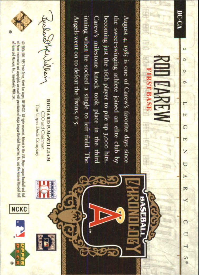 2006 SP Legendary Cuts Baseball Chronology Gold #CA Rod Carew back image