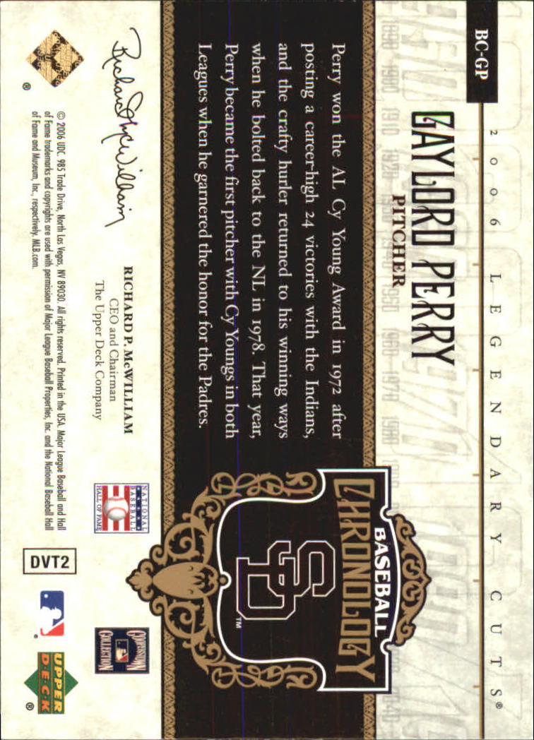 2006 SP Legendary Cuts Baseball Chronology Gold #GP Gaylord Perry back image