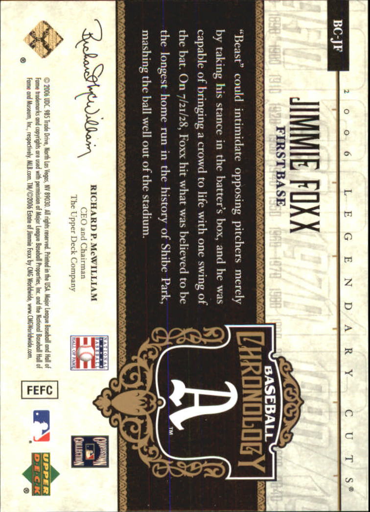 2006 SP Legendary Cuts Baseball Chronology Gold #JF Jimmie Foxx A's back image