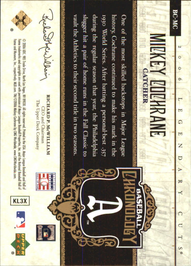 2006 SP Legendary Cuts Baseball Chronology Gold #MC Mickey Cochrane back image