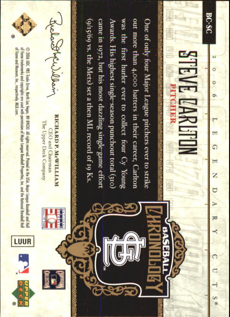 2006 SP Legendary Cuts Baseball Chronology Gold #SC Steve Carlton Cards back image