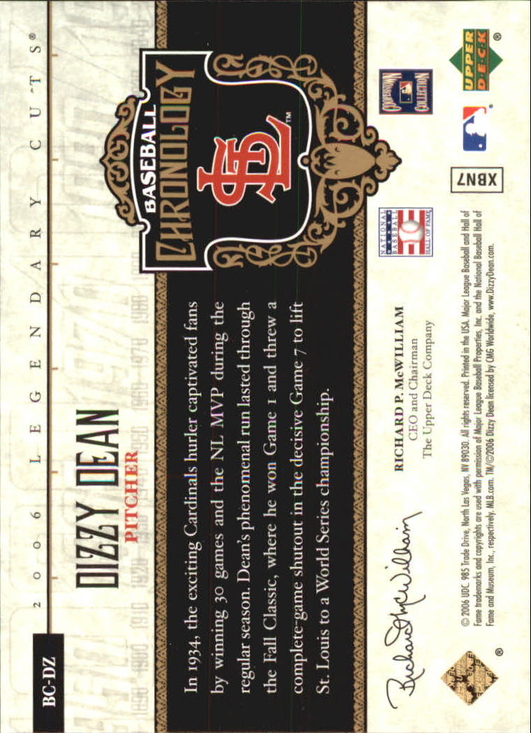 2006 SP Legendary Cuts Baseball Chronology Platinum #DZ Dizzy Dean back image