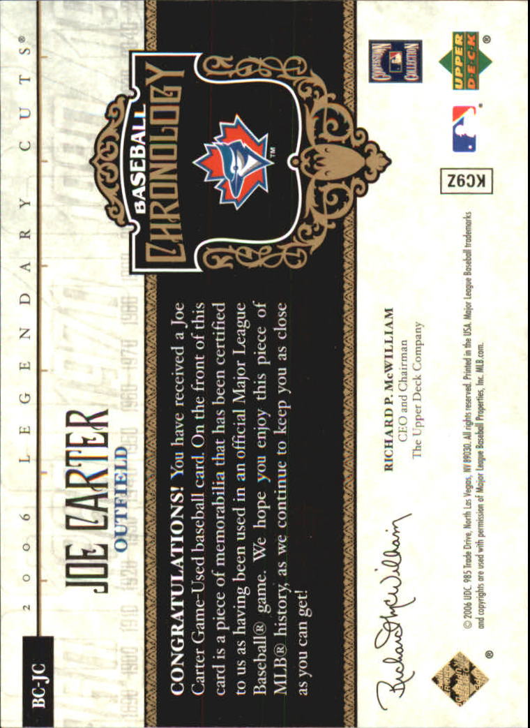 2006 SP Legendary Cuts Baseball Chronology Materials #JC Joe Carter Jsy back image