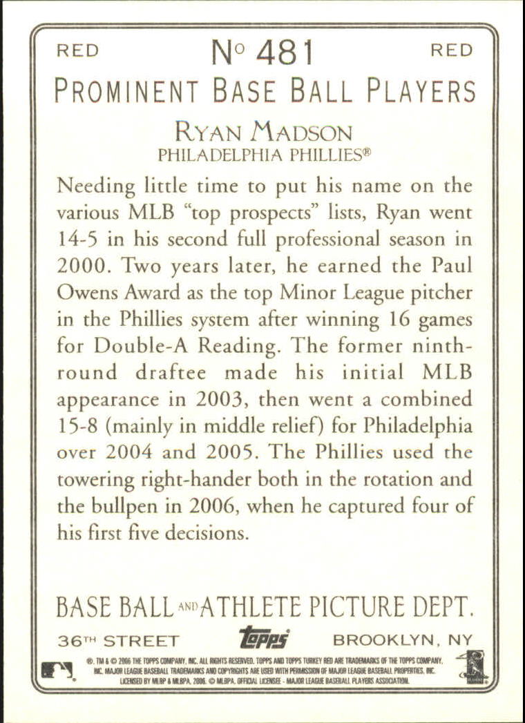 2006 Topps Turkey Red Red #481 Ryan Madson back image