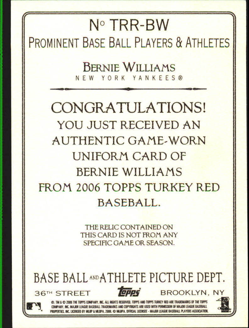 2006 Topps Turkey Red Relics #BW Bernie Williams Pants C back image