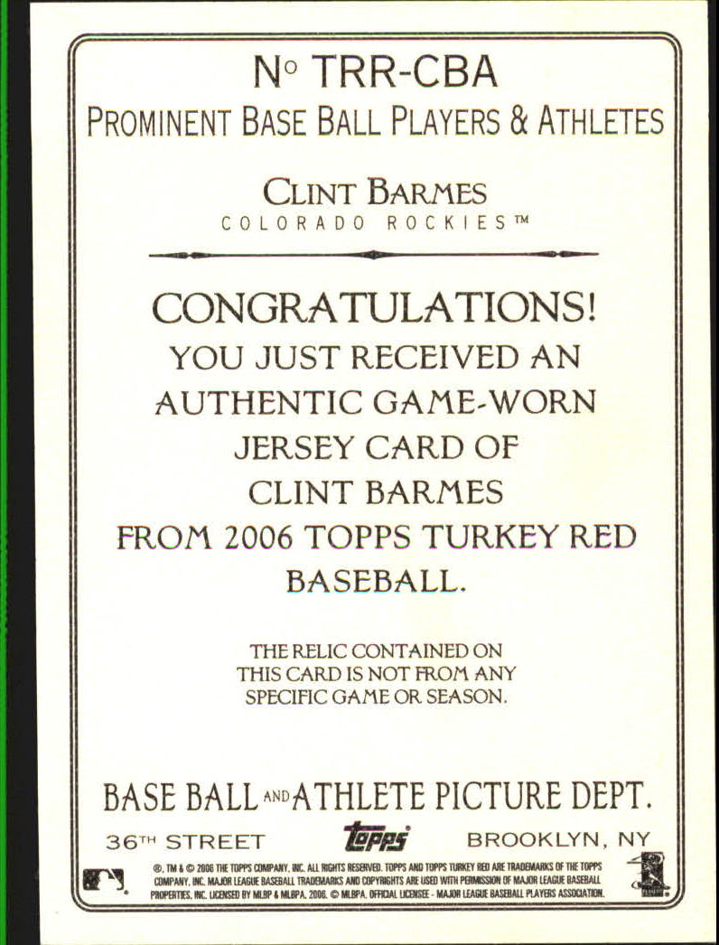 2006 Topps Turkey Red Relics #CBA Clint Barmes Jsy A back image